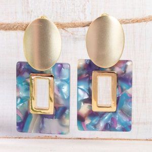 Open Square Lightweight Earrings in Peacock Colors, 18K Gold Plated